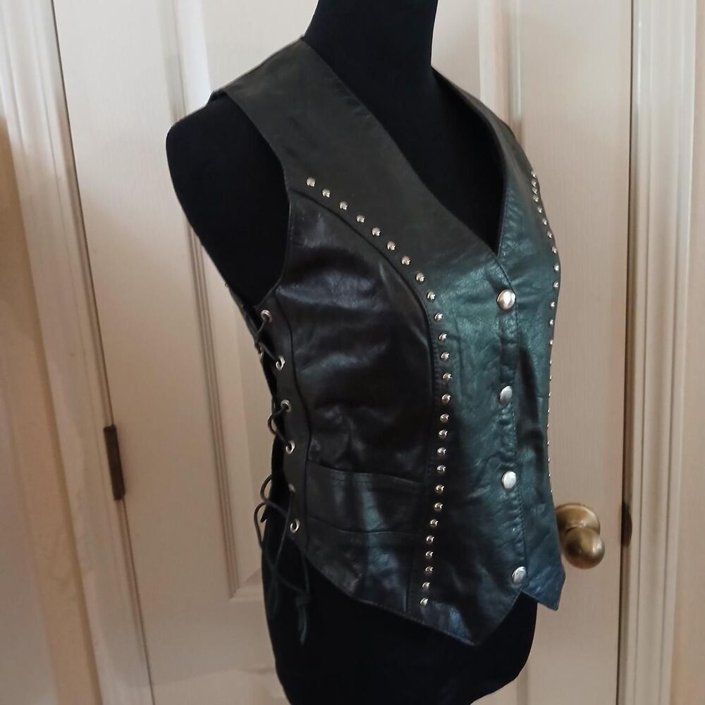 Y2K 90s VTG UNIK Genuine Black Leather Studded Lace Side Motorcycle Biker Vest S